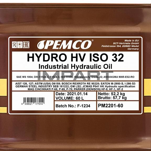 Масло гидравлическое PEMCO Hydro HV ISO 32 (60 литров) PEMCO