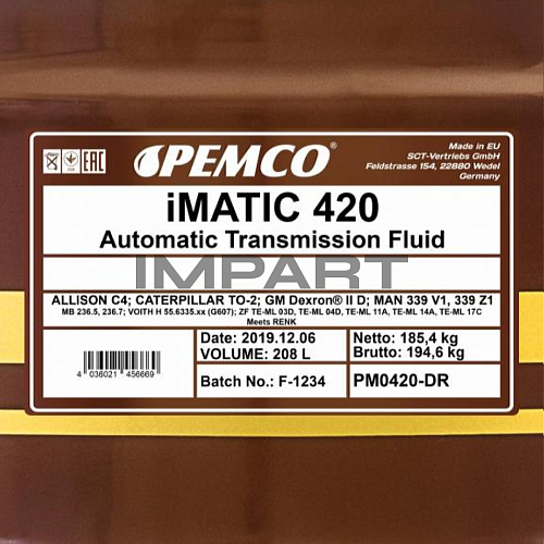 Масло трансмиссионное PEMCO 420 ATF Dexron II (208 литр) PEMCO