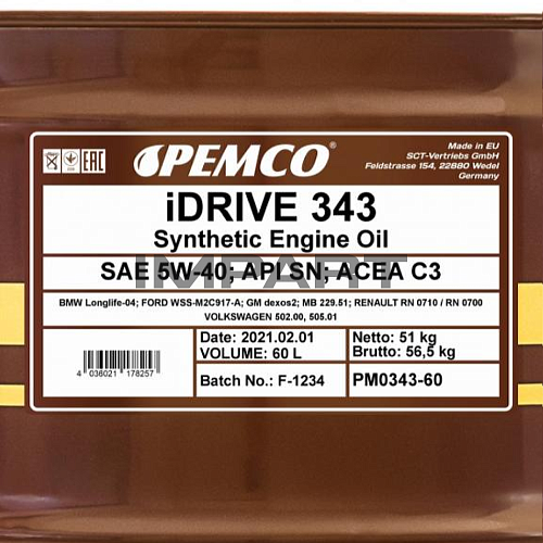 Масло моторное PEMCO 343 SAE 5W-40 (60литр) PEMCO