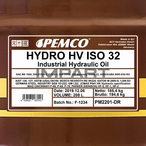 Масло гидравлическое PEMCO Hydro HV ISO 32 (208 литров) PEMCO