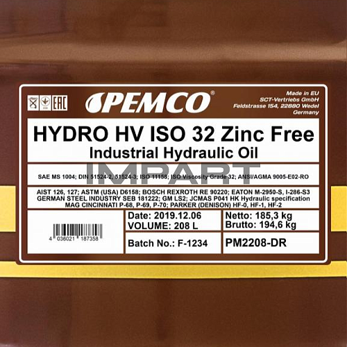 Масло гидравлическое PEMCO Hydro HV ISO 32 безцинковая (208 литров) PEMCO