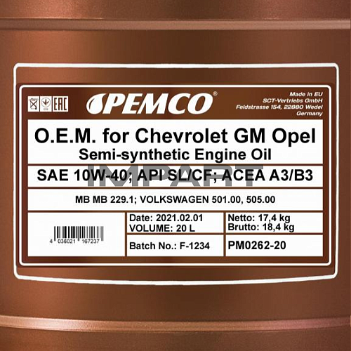 Масло моторное PEMCO O.E.M. for Chevrolet GM Opel 10W-40 (20 литр) PEMCO