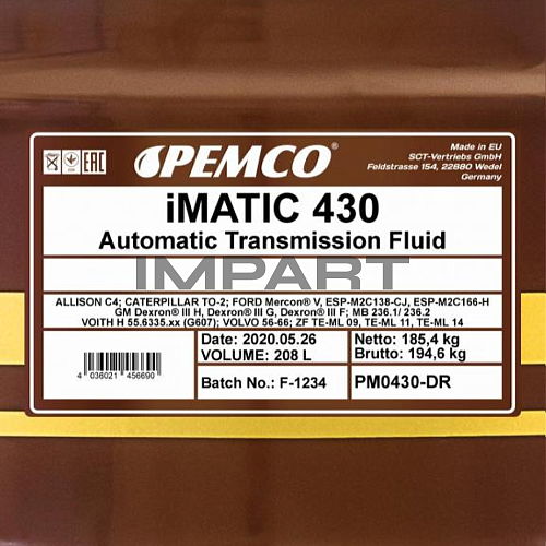 Масло трансмиссионное PEMCO 430 ATF Dexron III (208 литр) PEMCO