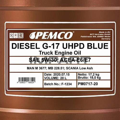 Масло моторное DIESEL G-17 PEMCO SAE 5W-30; UHPD BLUE (20 литров) PEMCO