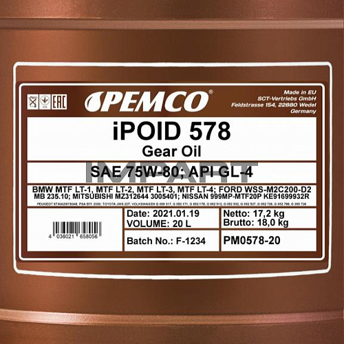 Масло трансмиссионное PEMCO 578 75W-80 GL-4 (20литров) PEMCO