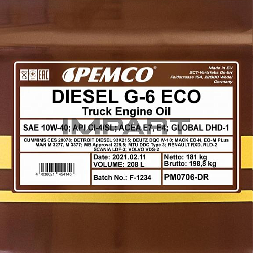 Масло моторное DIESEL G-6 Eco PEMCO UHPD 10W-40 (208 литров) PEMCO