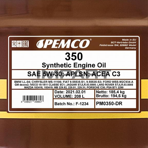 Масло моторное PEMCO 350 SAE 5W-30 (208 литр) PEMCO