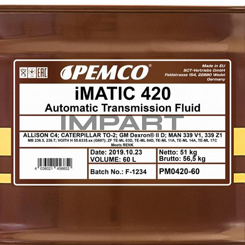 Масло трансмиссионное PEMCO 420 ATF Dexron II (60 литр) PEMCO