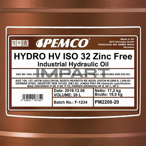 Масло гидравлическое PEMCO Hydro HV ISO 32 безцинковая (20 литров) PEMCO