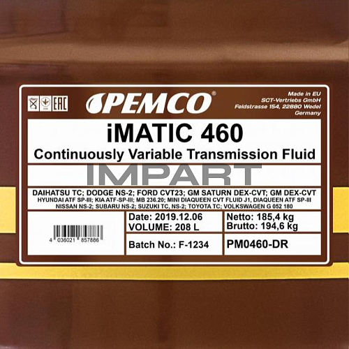 Масло трансмиссионное PEMCO 460 CVT (208литр) PEMCO