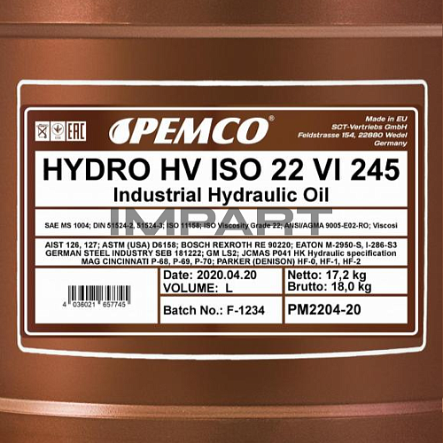 Масло гидравлическое PEMCO Hydro HV ISO 22 вязк.245 (20 литров) PEMCO